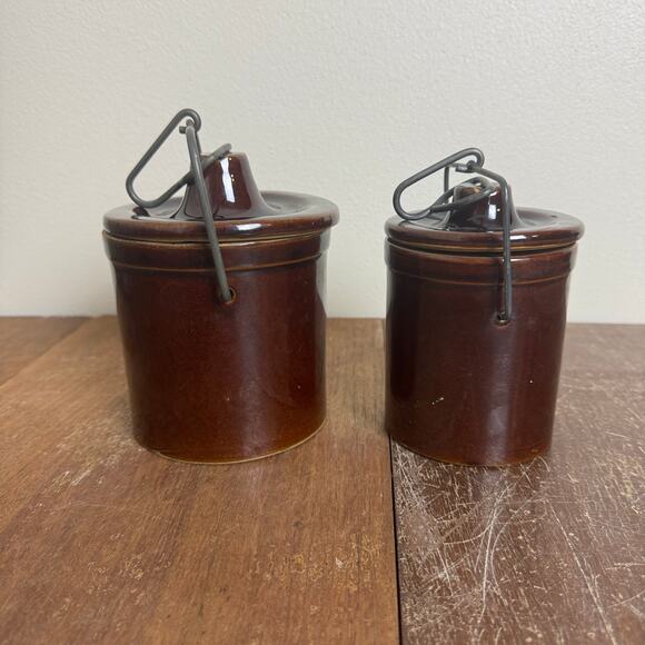Pair (2) Brown Glazed Stoneware Crock Canisters with Bale hinge Lock lid - Picture 6 of 8